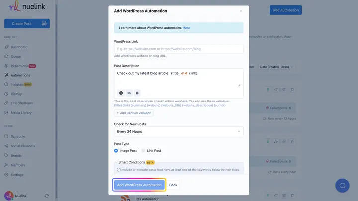 Nuelink's WordPress automation feature