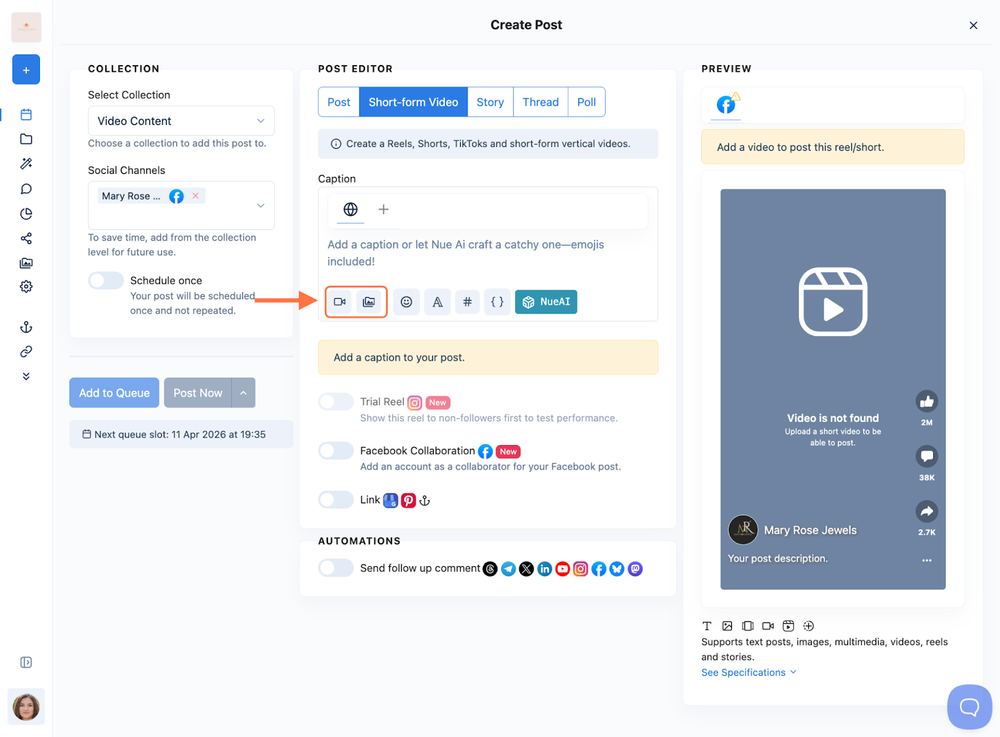 Schedule Facebook Collaborative Video Posts with Nuelink