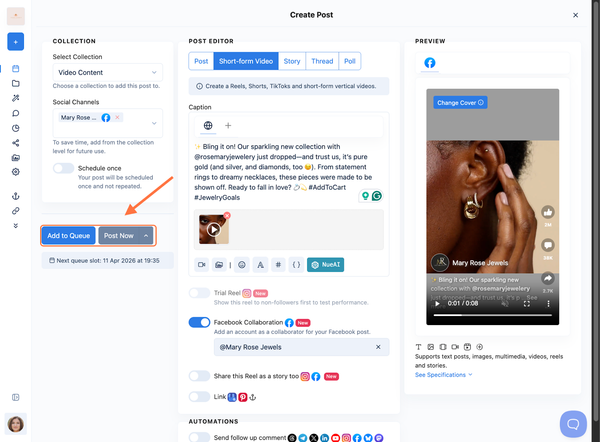 Schedule Facebook Collaborative Video Posts with Nuelink